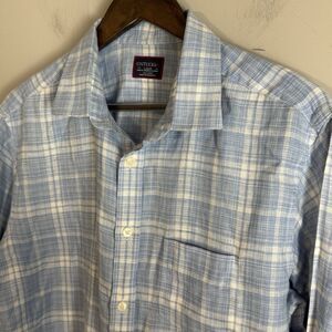 UNTUCKIT Mens Blue Plaid 100% Linen Long Sleeve Button Up Shirt Size L Slim Fit